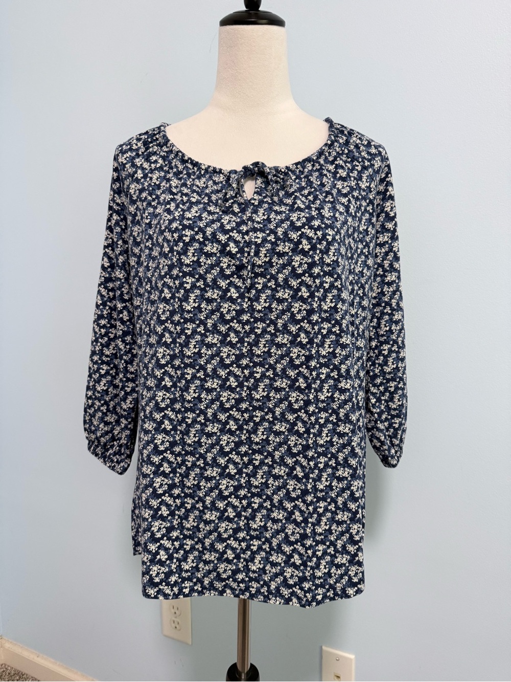Lands’ End Women’s Floral Knit Tunic Top M 10-12 Navy Cotton Modal 3/4 Sleeve